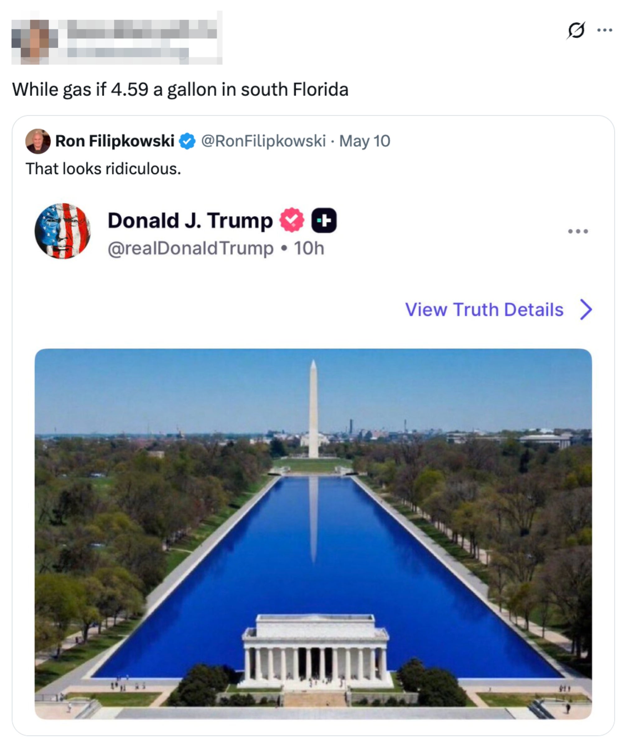 A societal media station shows a screenshot of a tweet by Donald Trump with a photograph of the Washington Monument and Reflecting Pool successful Washington, D.C