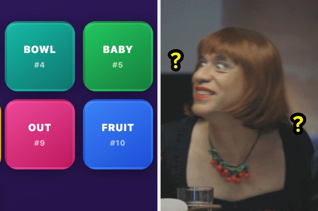 On the left, game board with word rankings. On the right, a person with puzzled expression and question marks