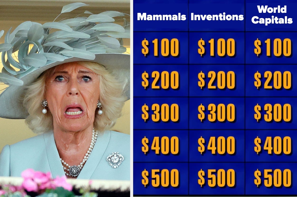 A surprised woman in a large hat is next to a game board with categories: Mammals, Inventions, World Capitals, with values from $100 to $500