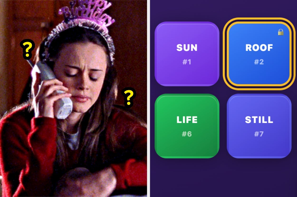 A person with birthday headband talks on the phone; next to a puzzle game screen with words "SUN," "ROOF," "LIFE," "STILL."