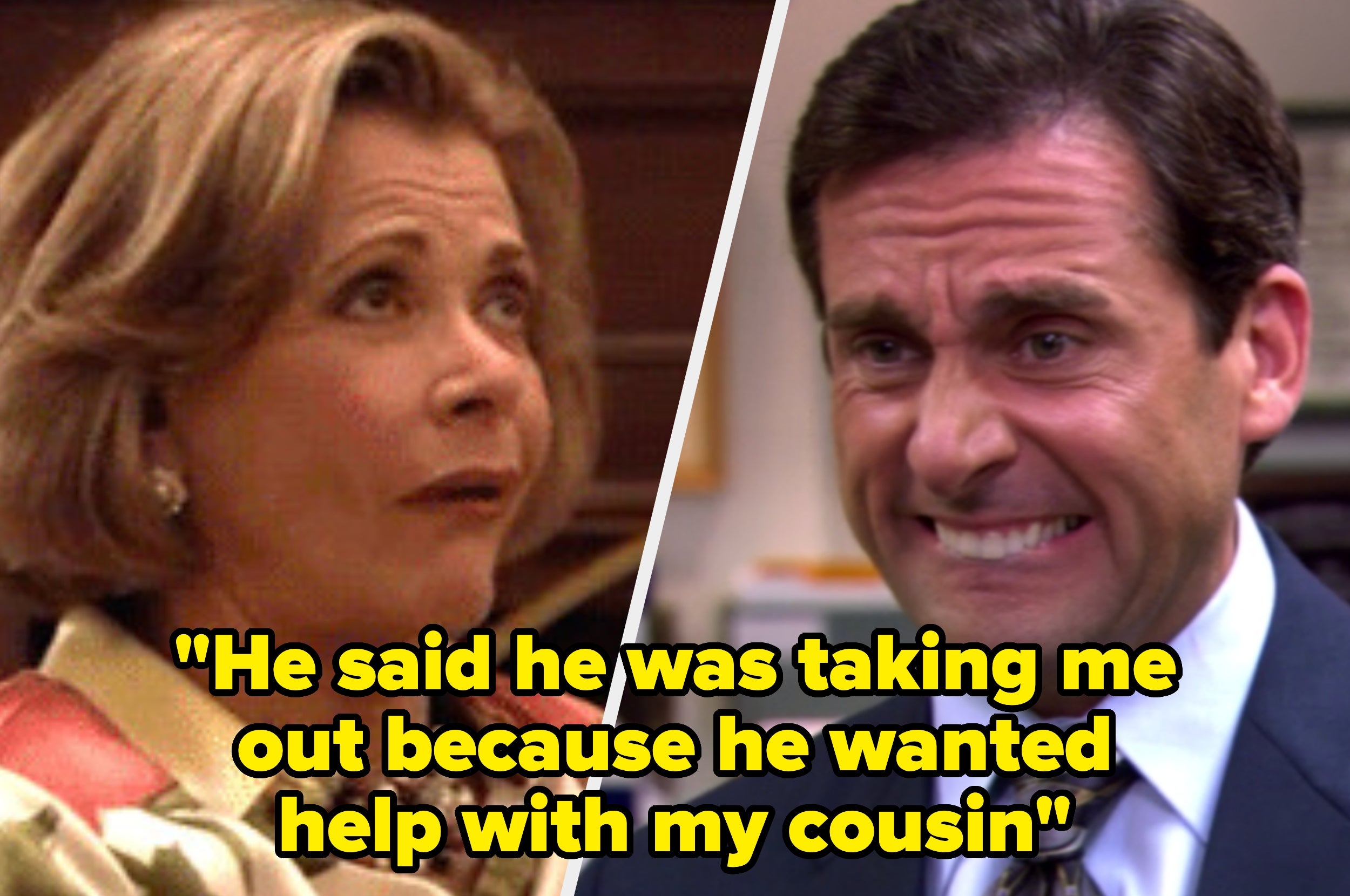 A woman looks shocked, and a man appears stressed; the caption discusses a date motivated by gaining help with the woman's cousin