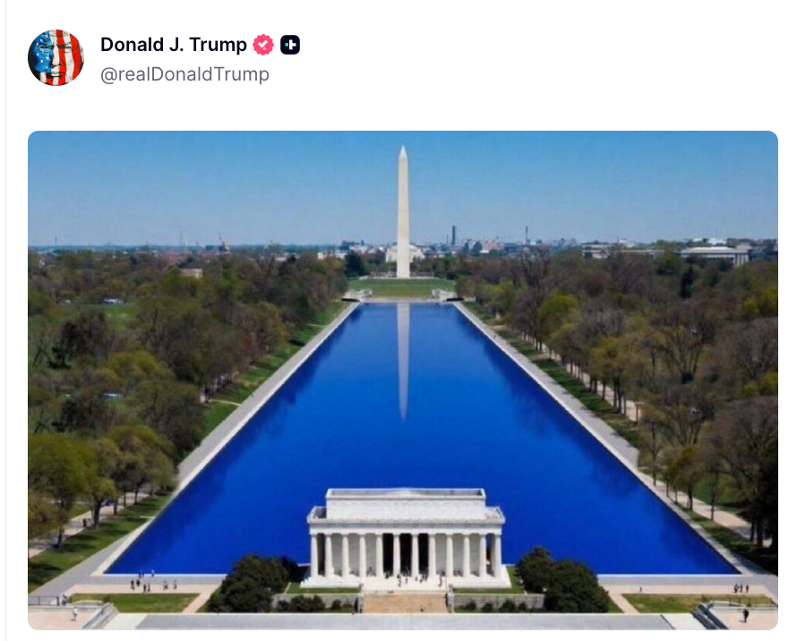 Aerial presumption of the Lincoln Memorial Reflecting Pool and Washington Monument with a tweet astatine the apical mentioning Donald Trump