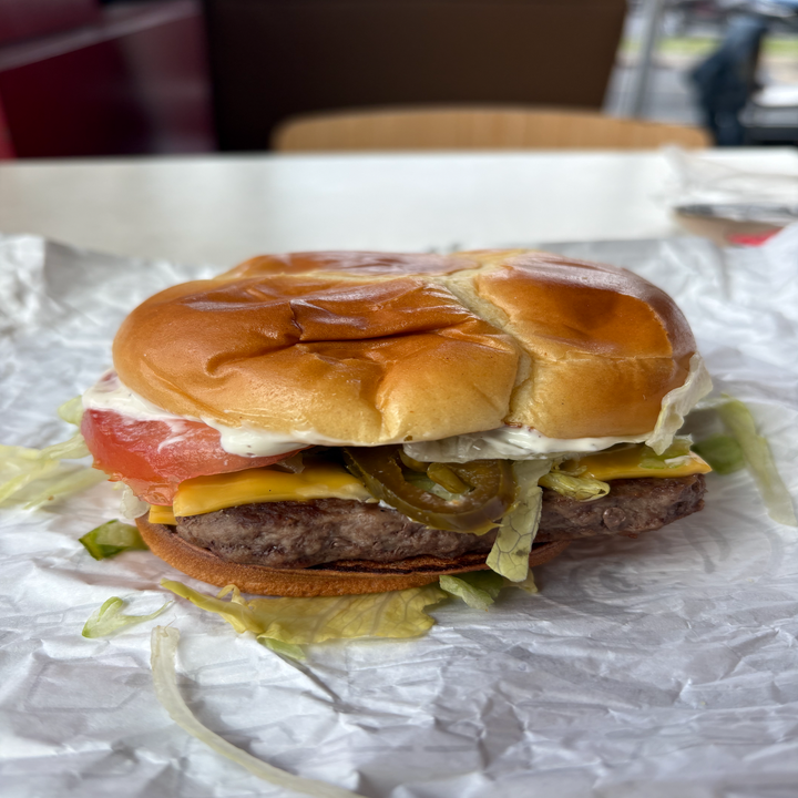 Wendy's Jalapeño Ranch Burger with cheese, lettuce and tomato