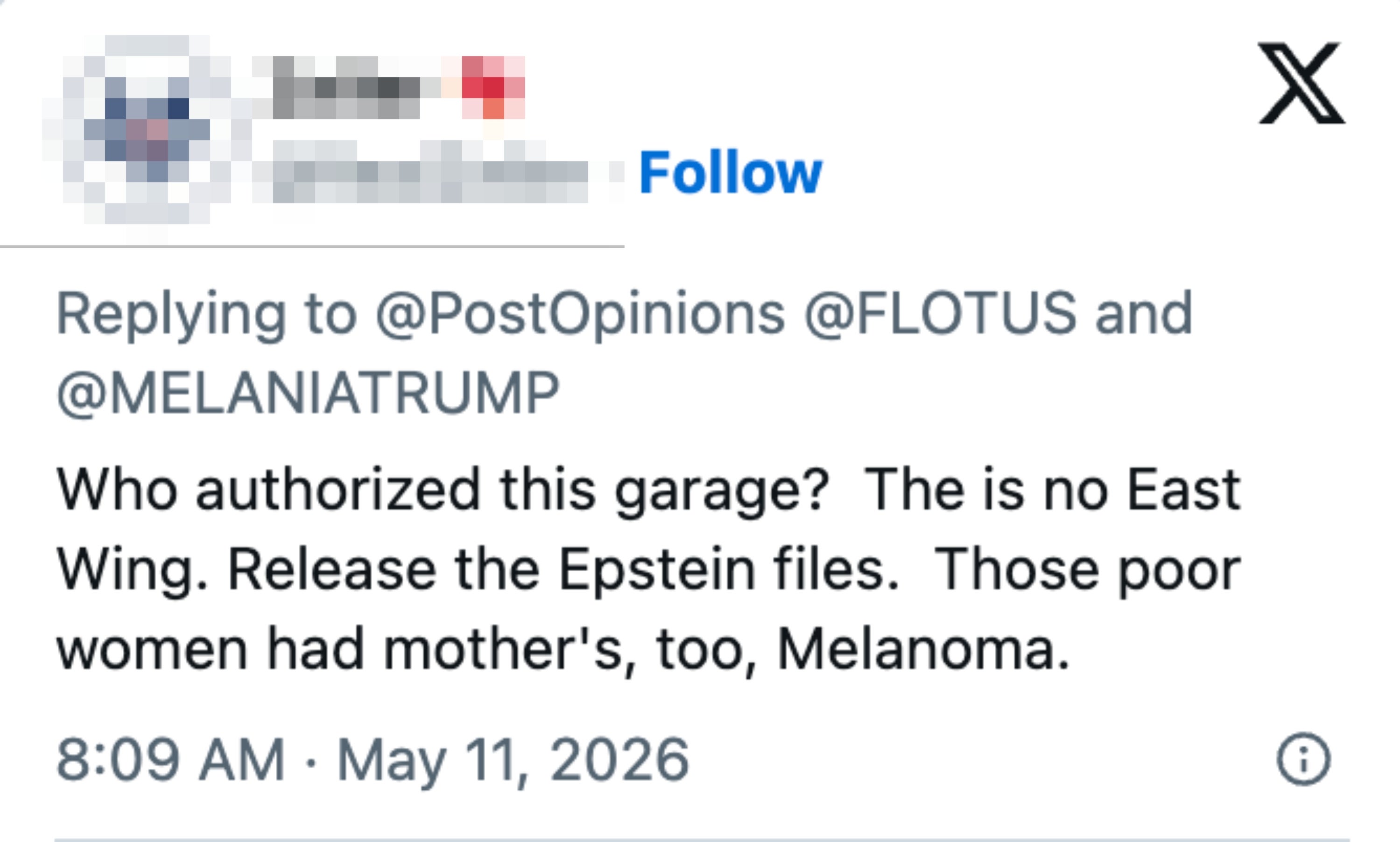Tweet stiller spørsmål ved autorisasjon av en garasje, nevner East Wing, Epstein-filer og refererer til Melania Trump. Lagt ut klokken 08:09 11. mai 2026