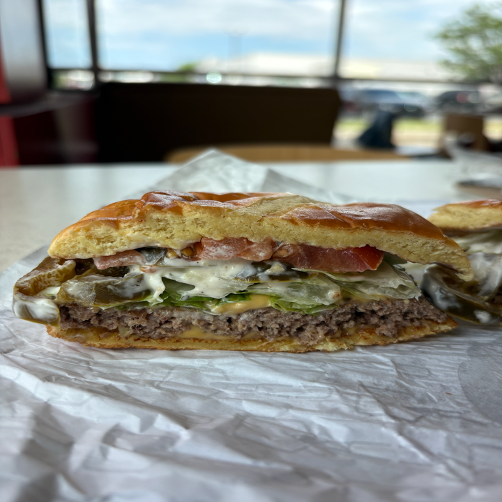 Wendy's Jalapeño Ranch Burger, halved