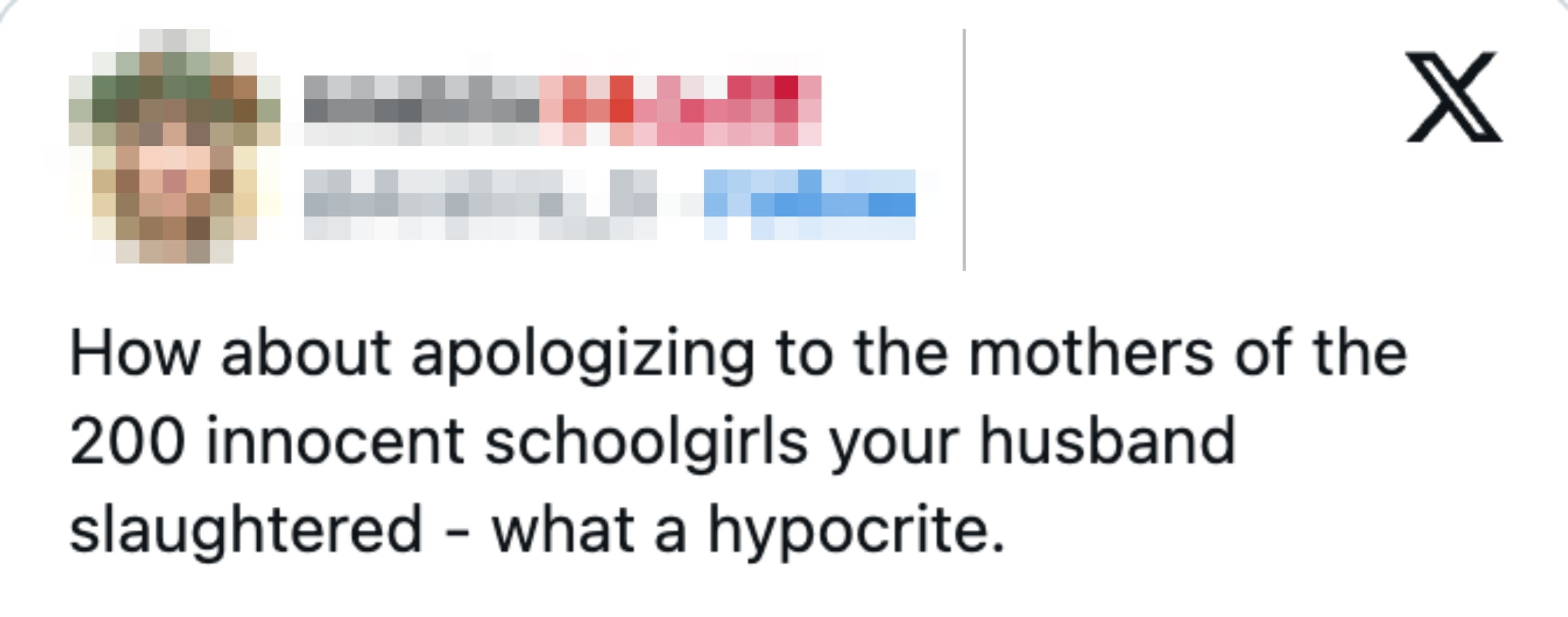 En tweet som kritiserer noen for ikke å be om unnskyldning for ektemannens handlinger som involverer skade på 200 skolejenter, og kaller dem en hyklere
