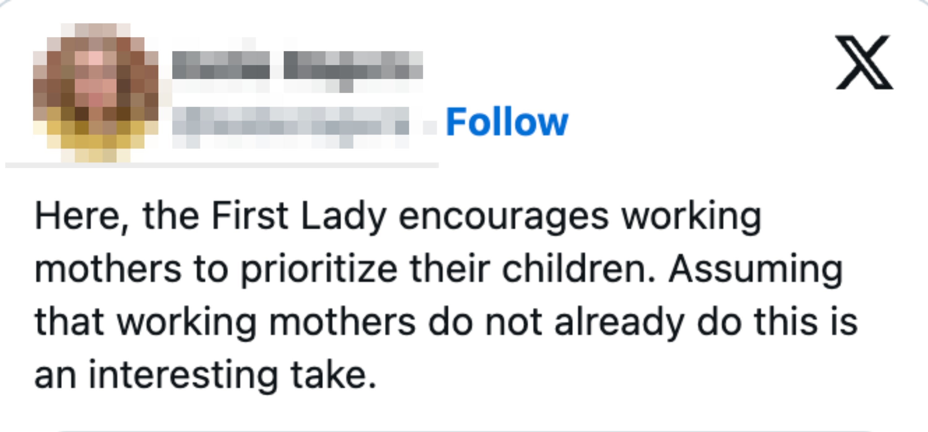 Tweet av Katie Rogers: Kritikk fra førstedamens bemerkning som antyder at arbeidende mødre bør prioritere barn, og kaller det en interessant antagelse