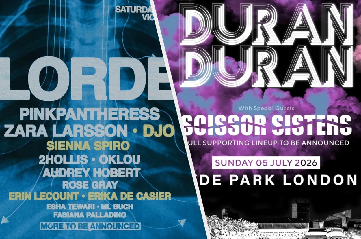 Two concert posters: Lorde with PinkPantheress and Zara Larsson; Duran Duran with Scissor Sisters. Both at Hyde Park London, summer 2026