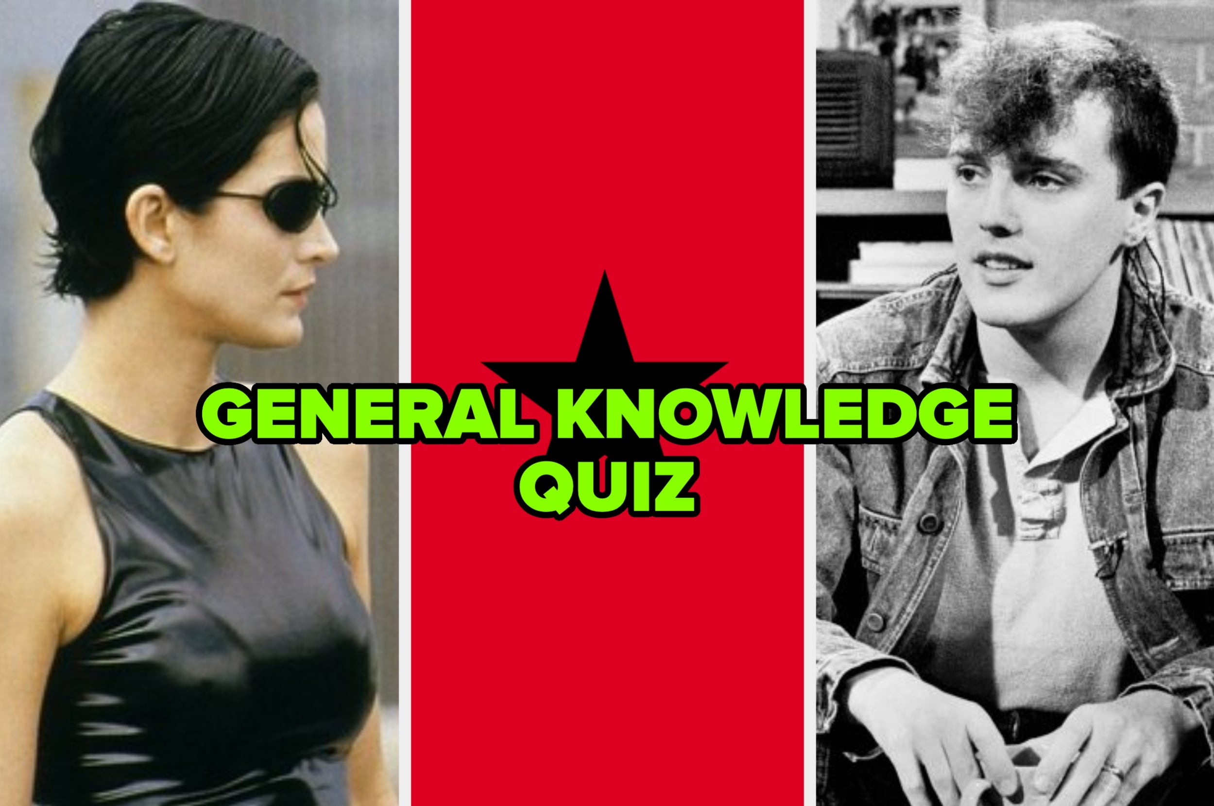 Two photos side by side with "General Knowledge Quiz" text overlay. Left: Person in sleek sleeveless top. Right: Person in casual denim outfit