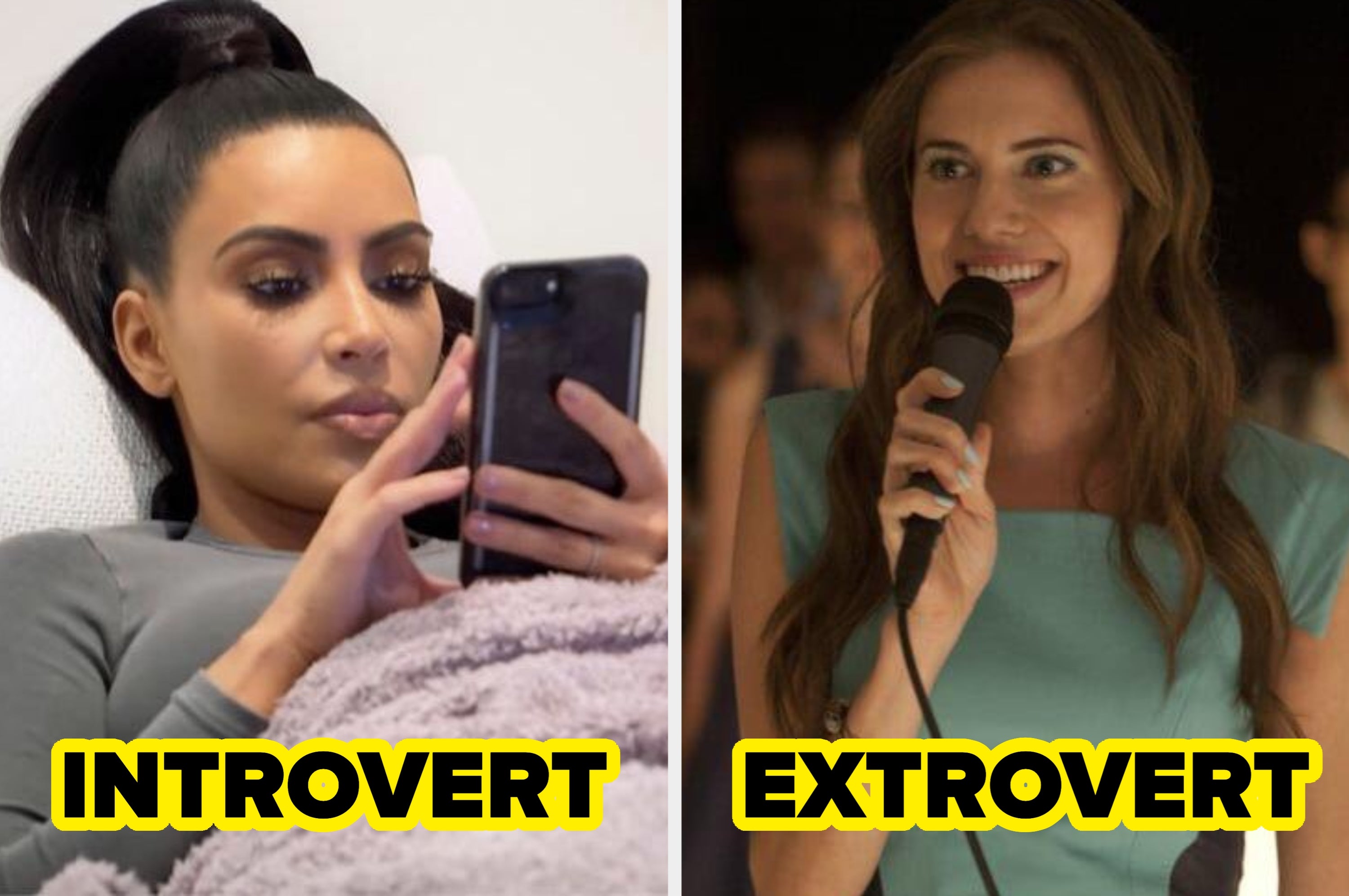 A person is lying on a couch, using a phone labeled "Introvert," and another is speaking into a microphone labeled "Extrovert."