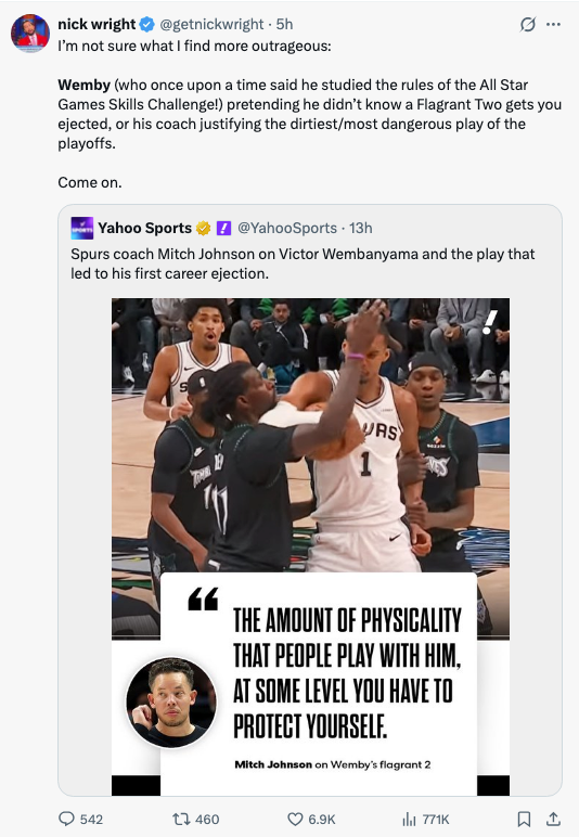 Nick Wright tweets astir  Victor Wembanyama's flagrant 2 ejection versus comments by Spurs manager  Mitch Johnson