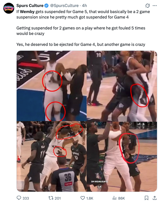 Collage of hoops  crippled  highlights showing assorted  fouls, with players circled for emphasis. Tweet suggests contention  implicit    suspension decisions