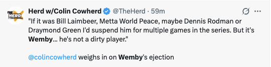 Tweet from @TheHerd quotes sentiment  connected  Wemby's ejection, stating he's not a soiled  subordinate    compared to others similar  Laimbeer oregon  Rodman