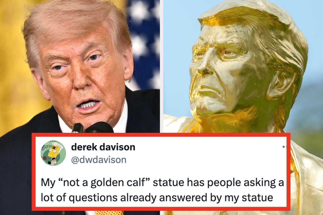 Man speaking, next to a gold statue resembling him. Tweet below reads: “My ‘not a golden calf’ statue has people asking a lot of questions already answered by my statue.”