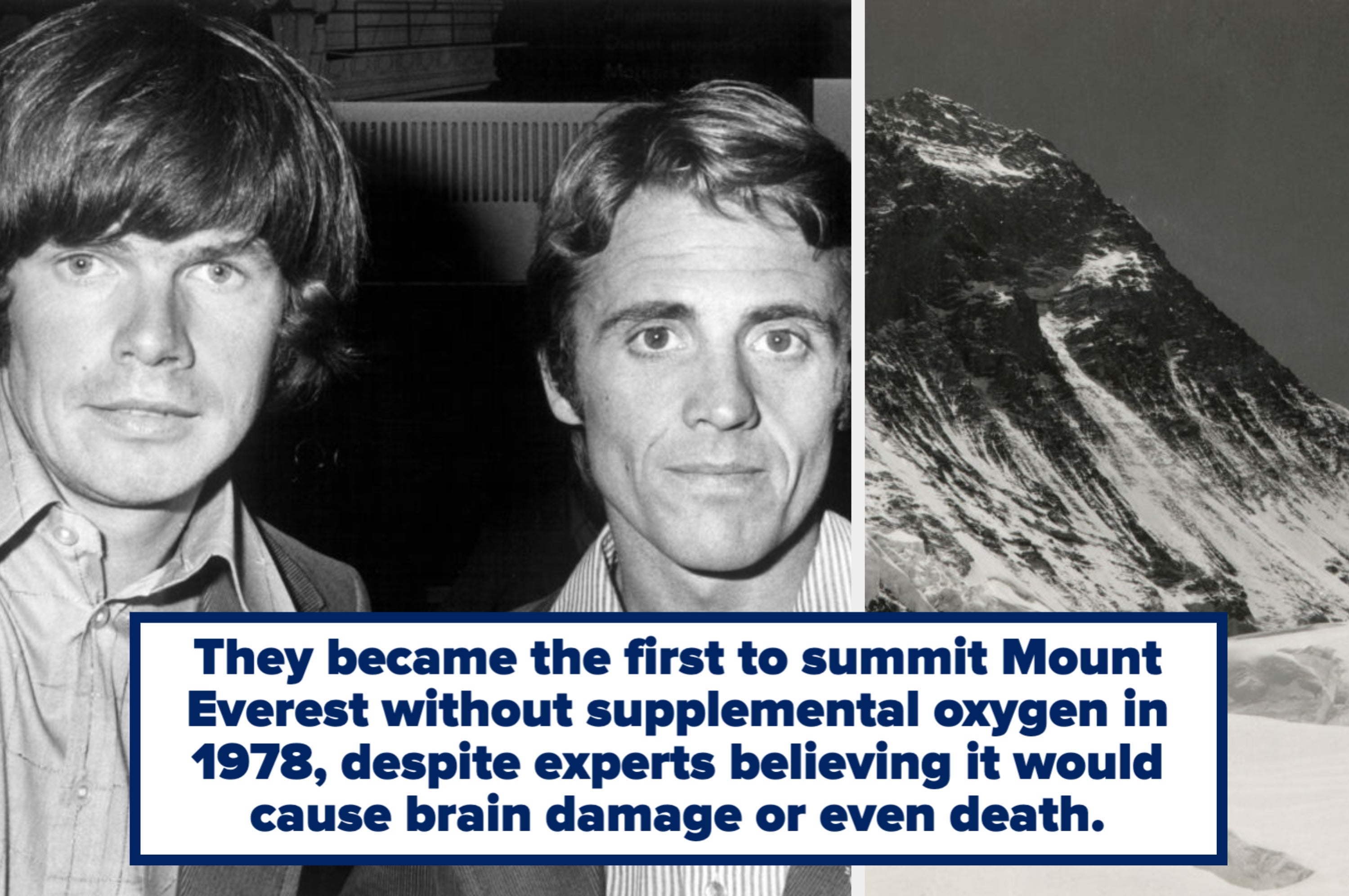 Two men in vintage suits from the 1970s stand together; a snowy mountain landscape is next to them