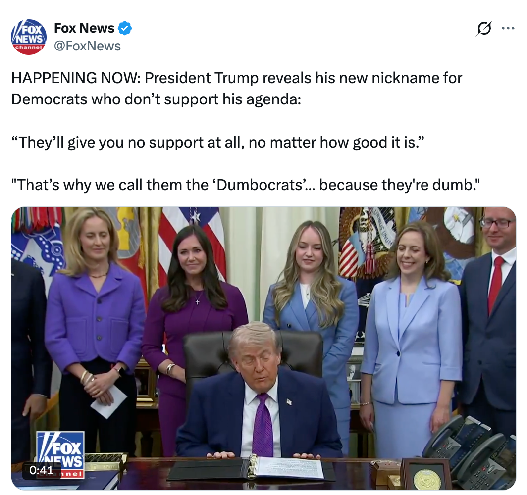 A antheral   astatine  a table  is surrounded by six individuals. A quality    chyron mentions a caller   nickname utilized  by President Trump for Democrats