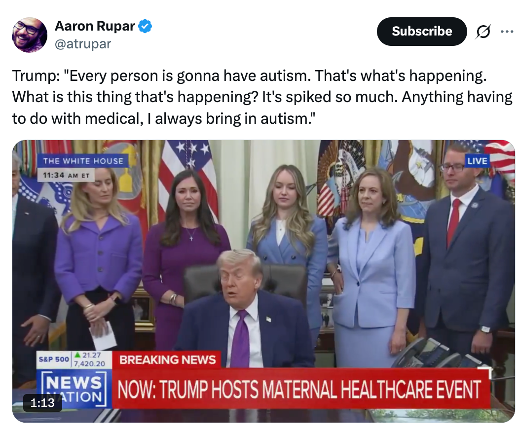 Screenshot showing a societal  media station  of Trump astatine  a maternal healthcare event, surrounded by 5  people, with on-screen quality    text