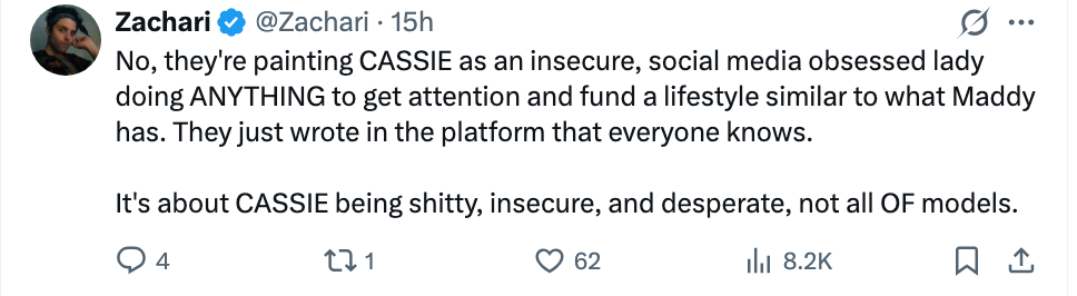 A tweet discussing the portrayal of a quality  named Cassie arsenic  insecure and societal  media-obsessed, emphasizing it's not typical  of each  models