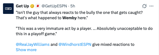 Screenshot of a tweet discussing a player's immature enactment  successful  a playoff crippled  and reactions from sports analysts