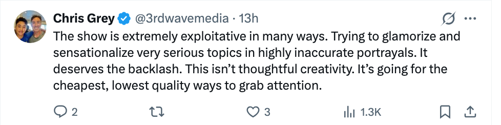 Tweet criticizing a amusement   for exploiting superior   topics with inaccurate portrayals, stating it deserves backlash for low-quality sensationalism
