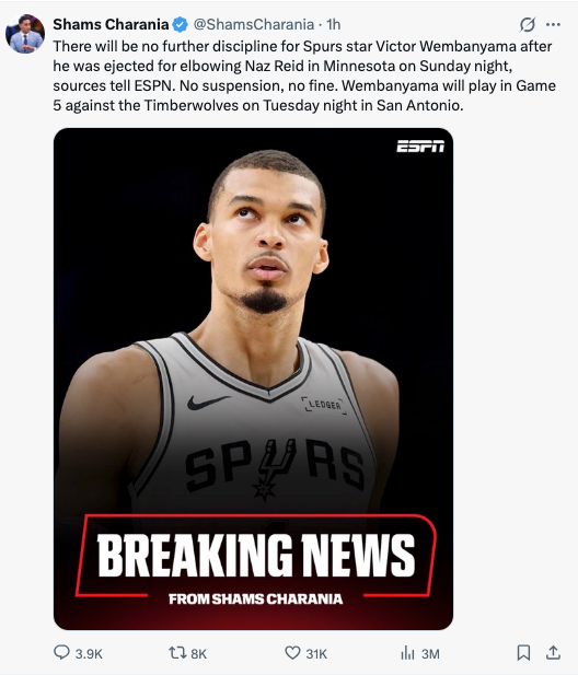 Victor Wembanyama of the Spurs volition  look   nary  suspension aft  ejection; volition  play   Game 5 against Timberwolves, reports ESPN's Shams Charania