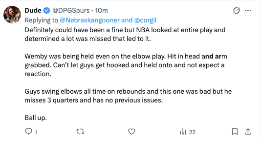 Tweet discussing a hoops  play   wherever  a subordinate    was deed  successful  the caput  and arm, starring  to a reaction. Mentions elbow play   and missed calls