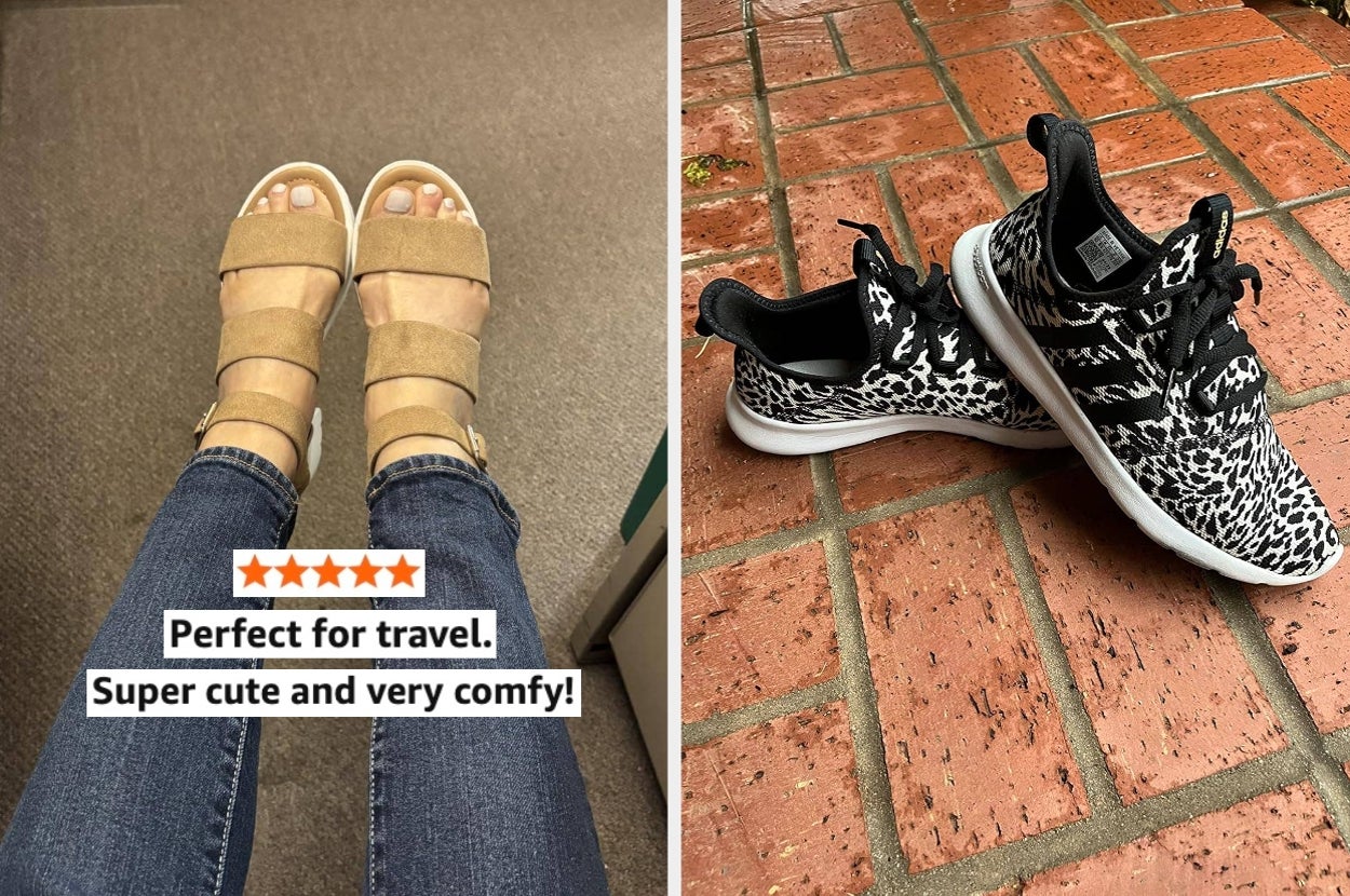 Open-toed sandals worn with jeans; text praising comfort. Pair of patterned sneakers on brick floor