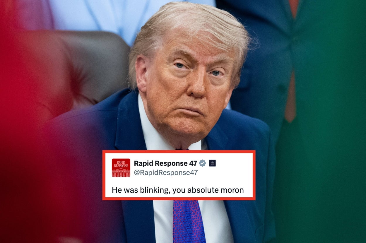 Person sitting at a table, looking ahead, with a tweet overlay that reads: "He was blinking, you absolute moron."