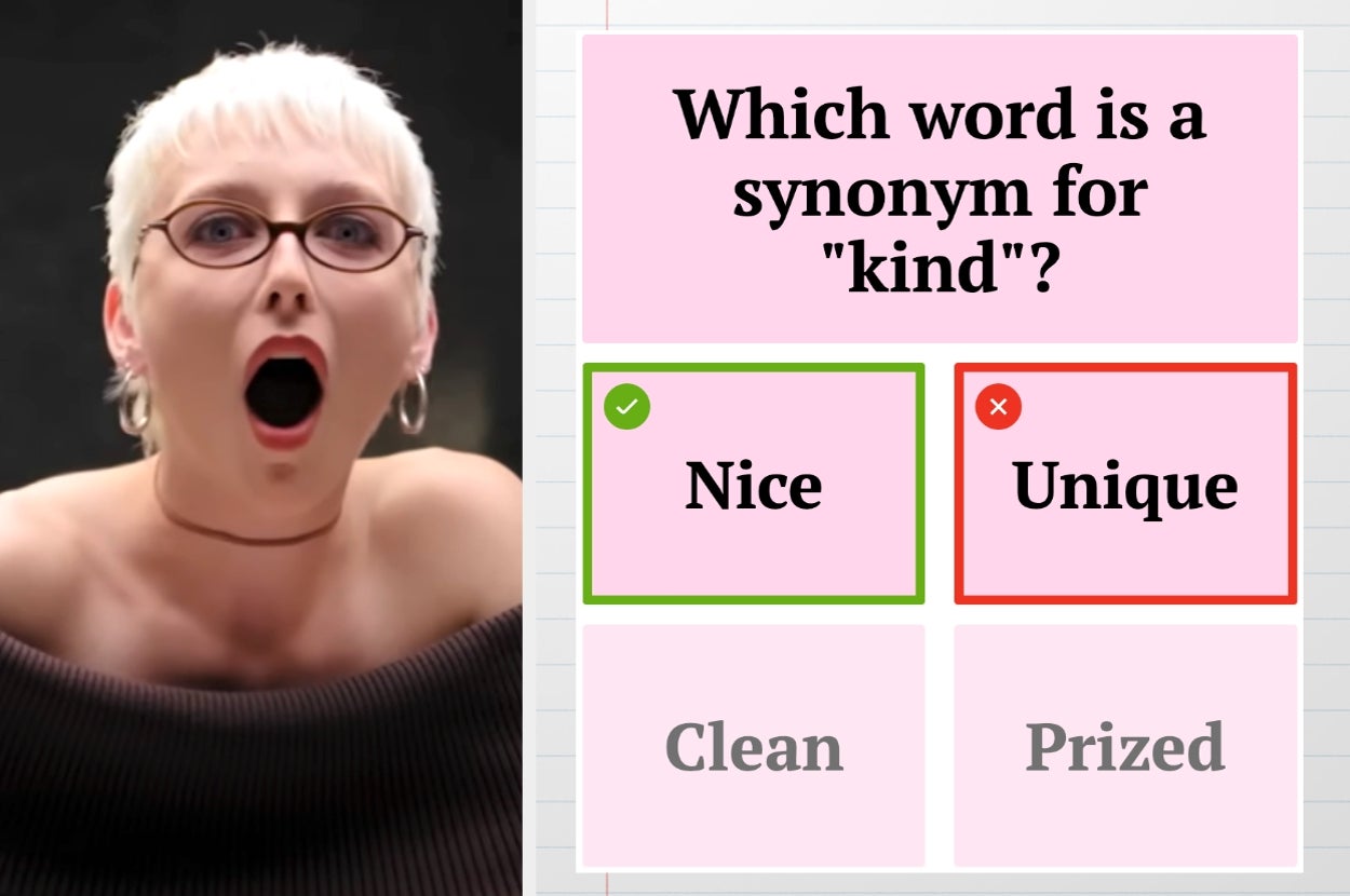 Person with surprised expression next to a quiz question: "Which word is a synonym for 'kind'?" The correct answer is "Nice."