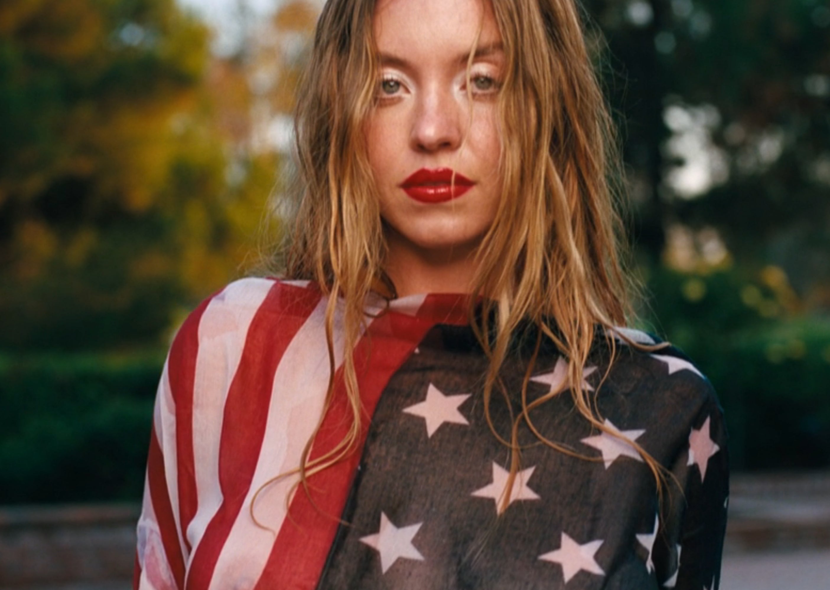 Person wrapped successful  an American emblem  scarf with a serene parkland  background