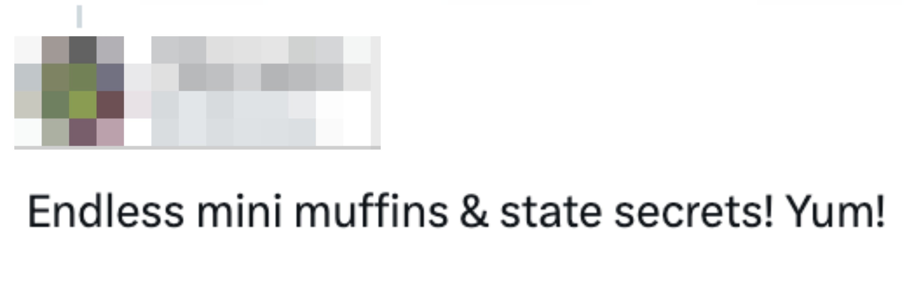 Tweet av bruker JRobbo: "Endeløse minimuffins & statshemmeligheter! Nam!"