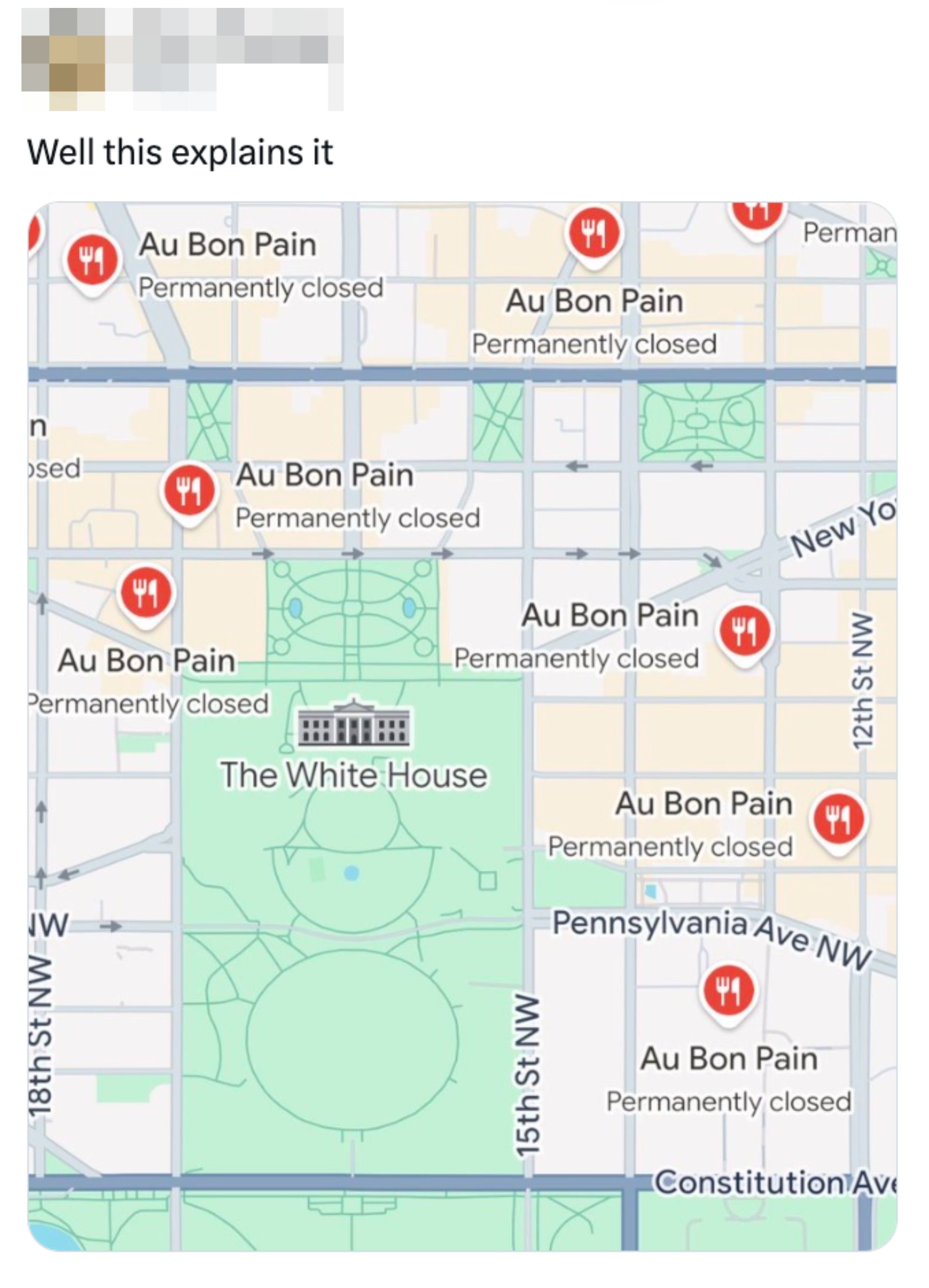 Kartbilde som viser flere "Au Bon Pain" steder merket som permanent stengt nær Det hvite hus i Washington, DC Tweet-tekst: