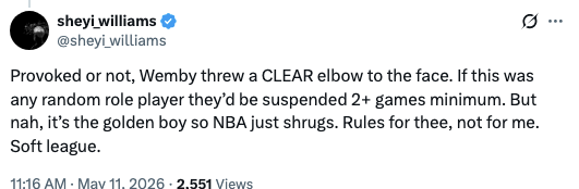Tweet criticizing NBA for not suspending Wemby aft  an alleged elbow incident, suggesting favoritism owed  to his prima  status