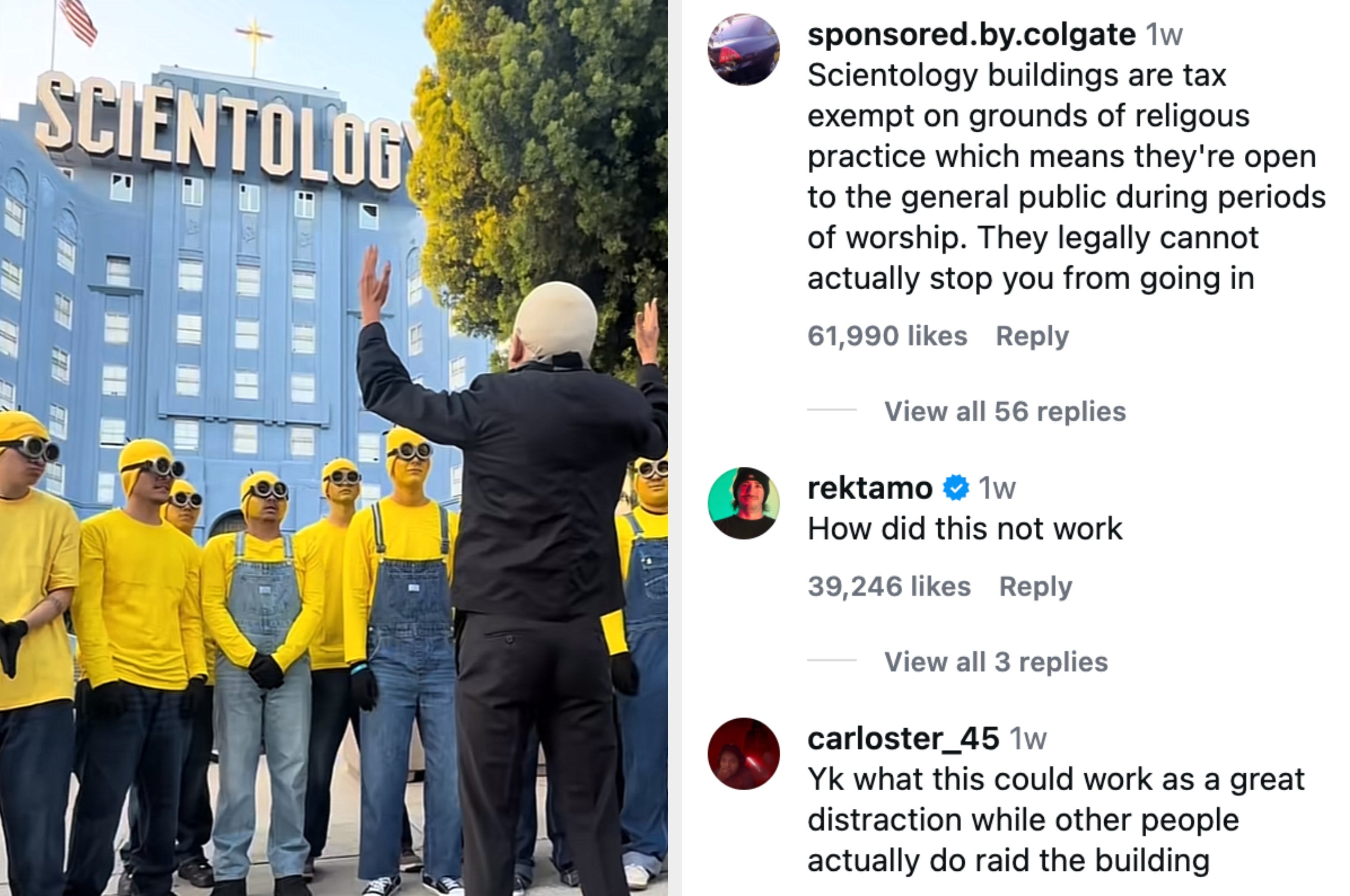 Minions standing outside of a Scientology building next to comments about the "speedrun" trend