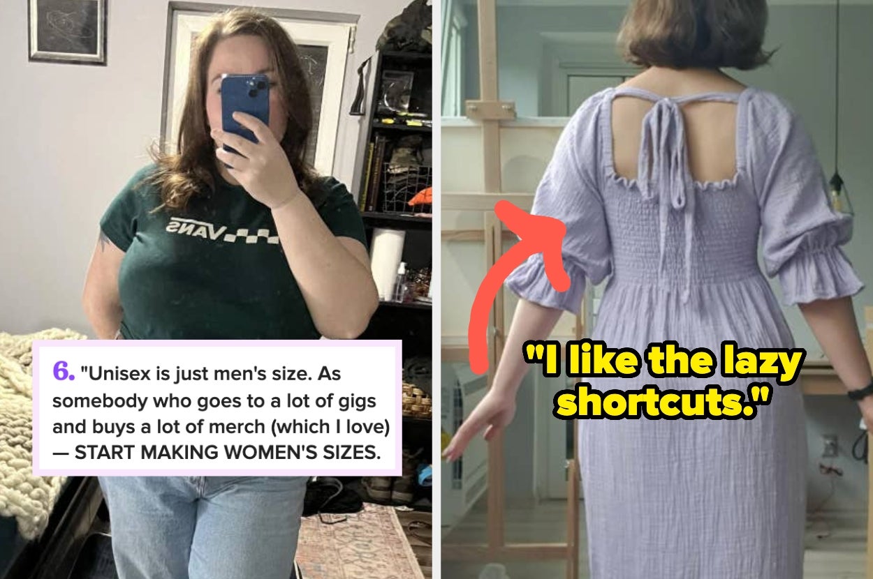Two images: Left, a person in a green "Vans" shirt takes a mirror selfie. Right, a person in a purple dress with cut-out back details is also shown from behind