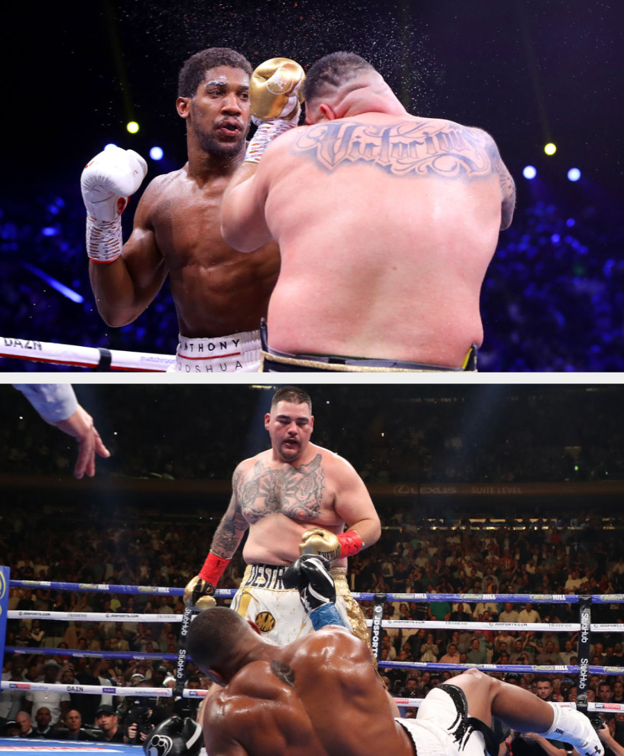  1  landing a punch, the different   momentarily off-balance. Crowd visible, aggravated  lucifer  atmosphere