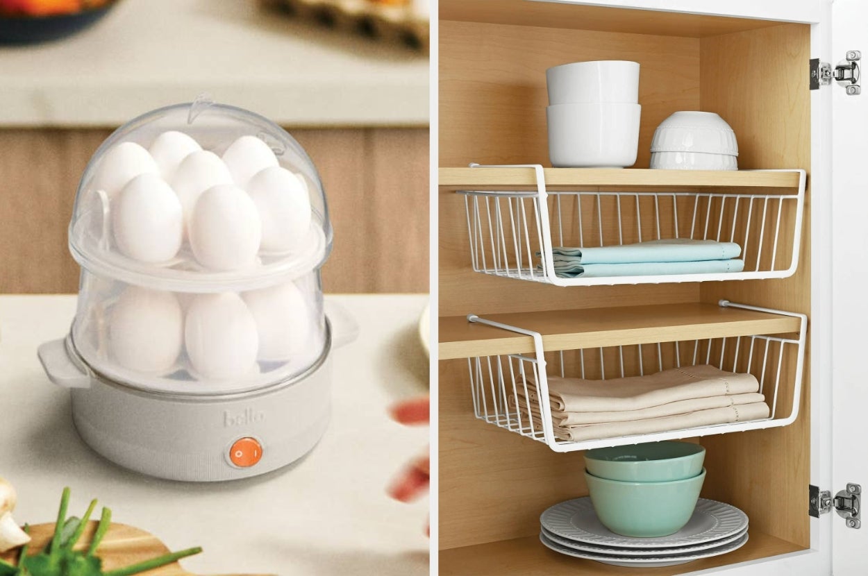 Egg cooker on a countertop and organized cabinet with wire baskets for neatly stored dishes and towels