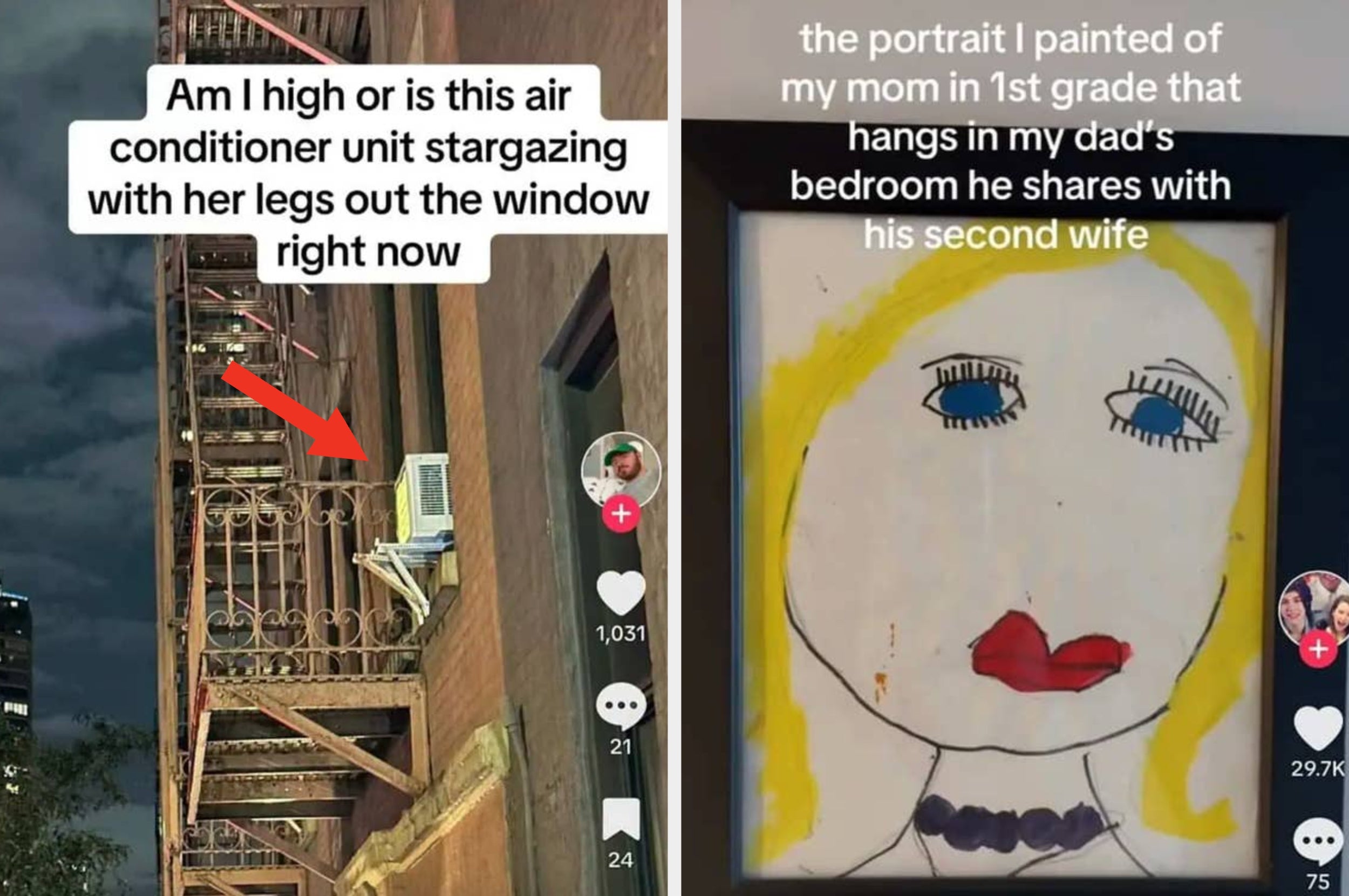 Image with two humorous TikTok posts: one shows an AC unit with a caption about "stargazing," the other features a child's portrait with a funny caption
