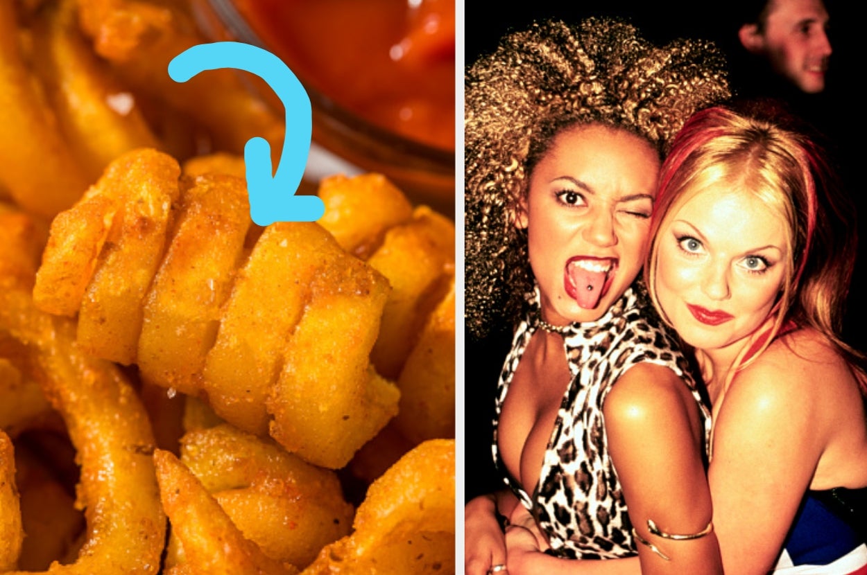 Close-up of curly fries with an arrow pointing at them, next to two people posing playfully