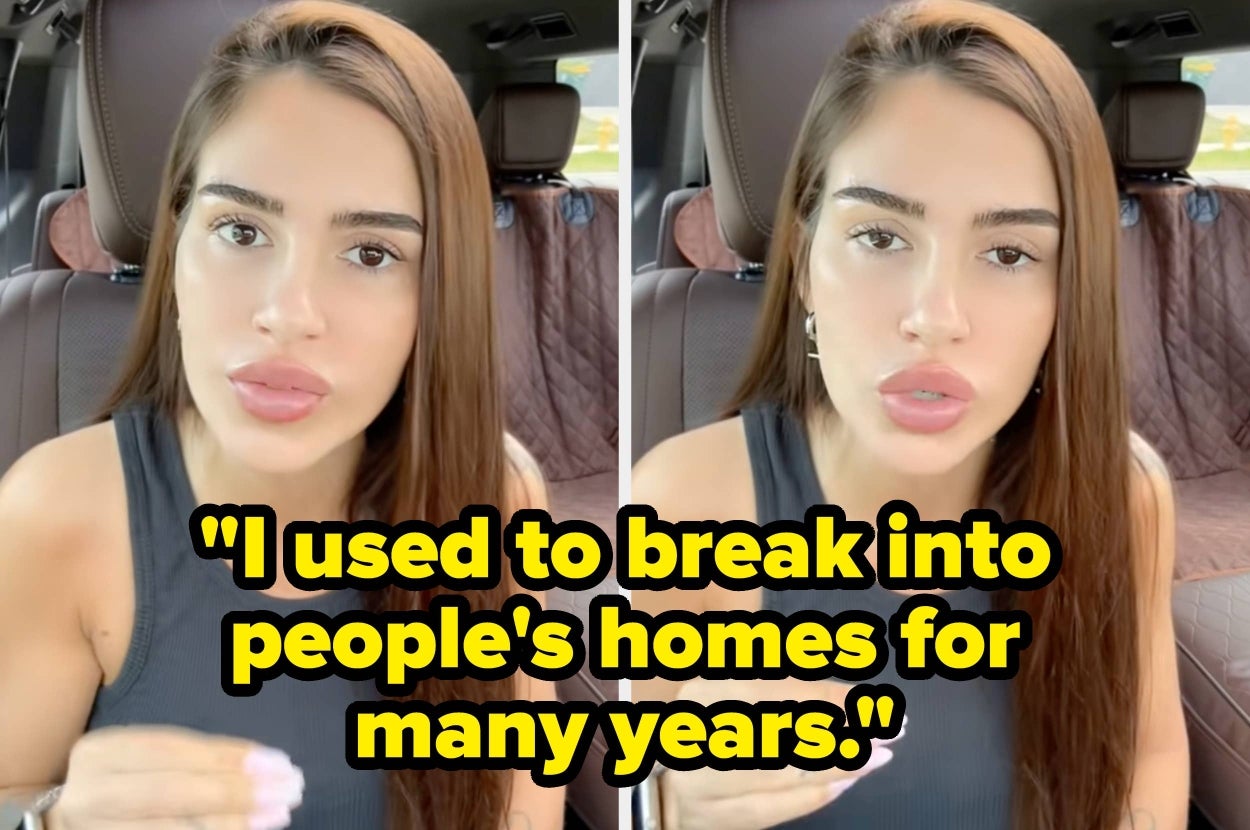 A person with long hair is sitting in a car, speaking to the camera. Overlay text reads: "I used to break into people's homes for many years."