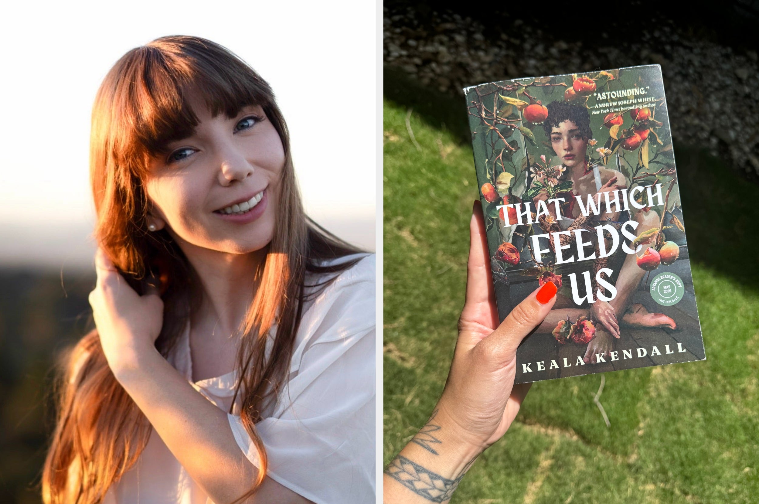 keala smiling in an outdoor setting; hand holding a book titled "That Which Feeds Us" by Keala Kendall