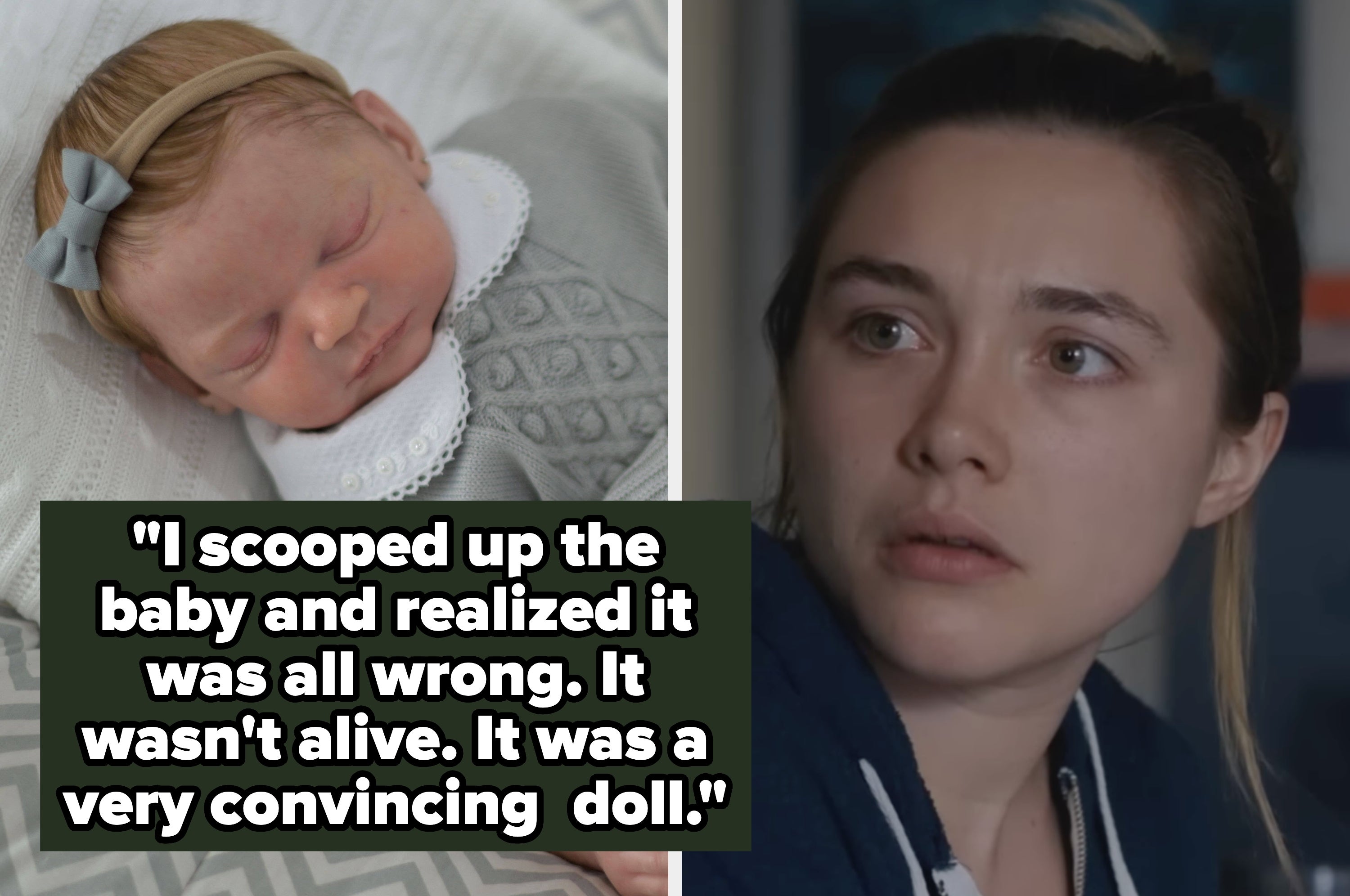 A woman looks concerned beside an image of a baby in a crib. Text overlay reads, "I scooped up the baby and realized it was all wrong. It wasn't alive."