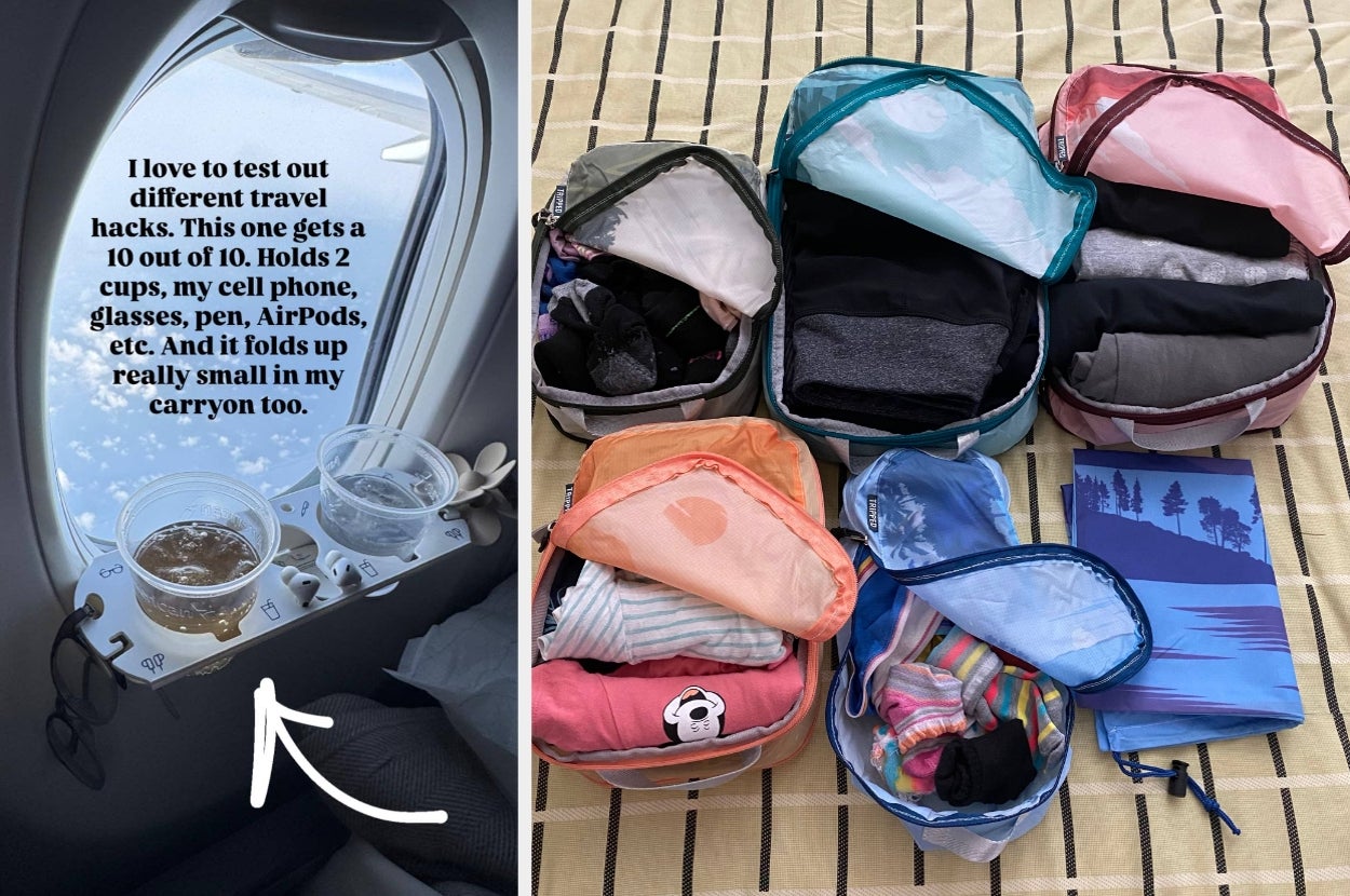 Travel hacks: An airplane tray table holds two drinks (10/10 use). Also shown are organized packing cubes with clothing, demonstrating space-saving tips