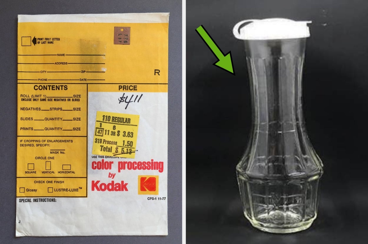 Kodak photo envelope listing processing prices; clear glass pitcher shown on the right