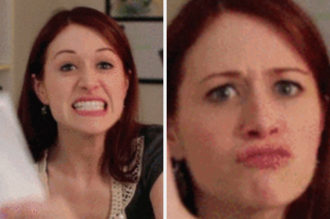 Woman in two images: on the left, playfully grimacing while holding something; on the right, making a pouty face