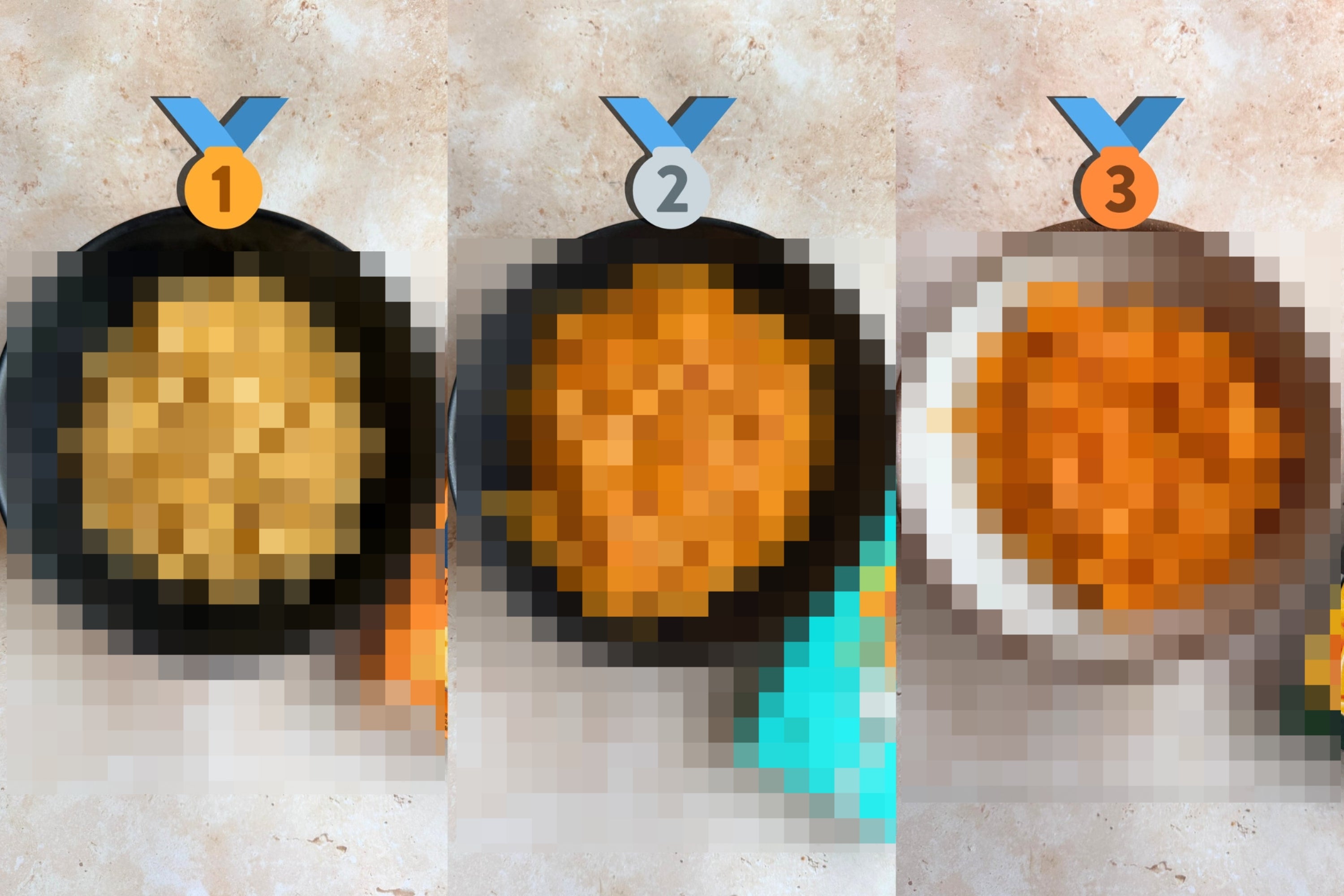 Three types of mac and cheese in bowls with medals: shell pasta (1st), spiral pasta (2nd), and elbow pasta (3rd), indicating preferences