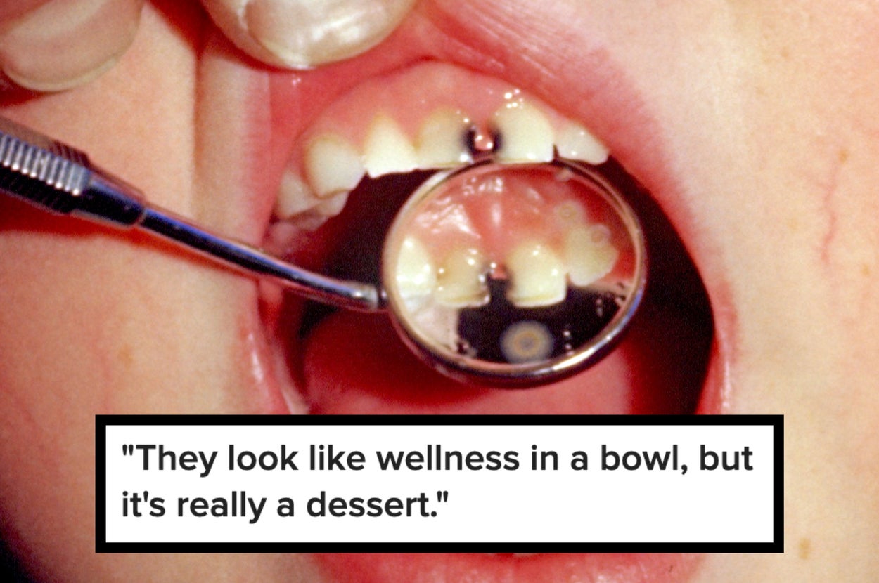 Close-up of a dental examination with a quote about dessert
