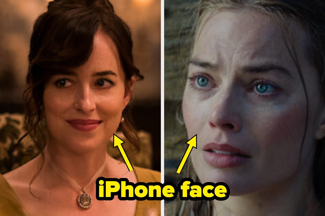 Two women, each with a different facial expression. Text: "iPhone face" points to their expressions
