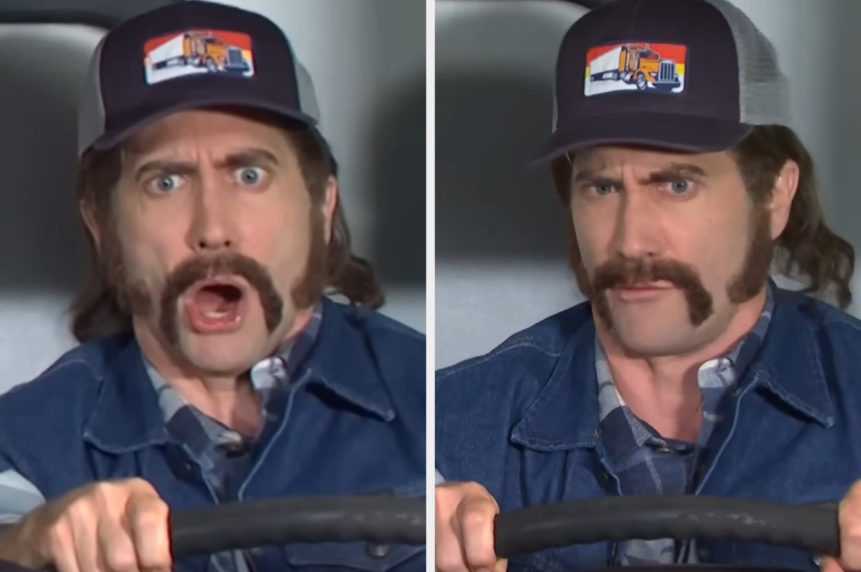 Two-panel image of a person with a mustache, wearing a trucker hat and denim shirt, showing surprised and focused expressions while holding a steering wheel