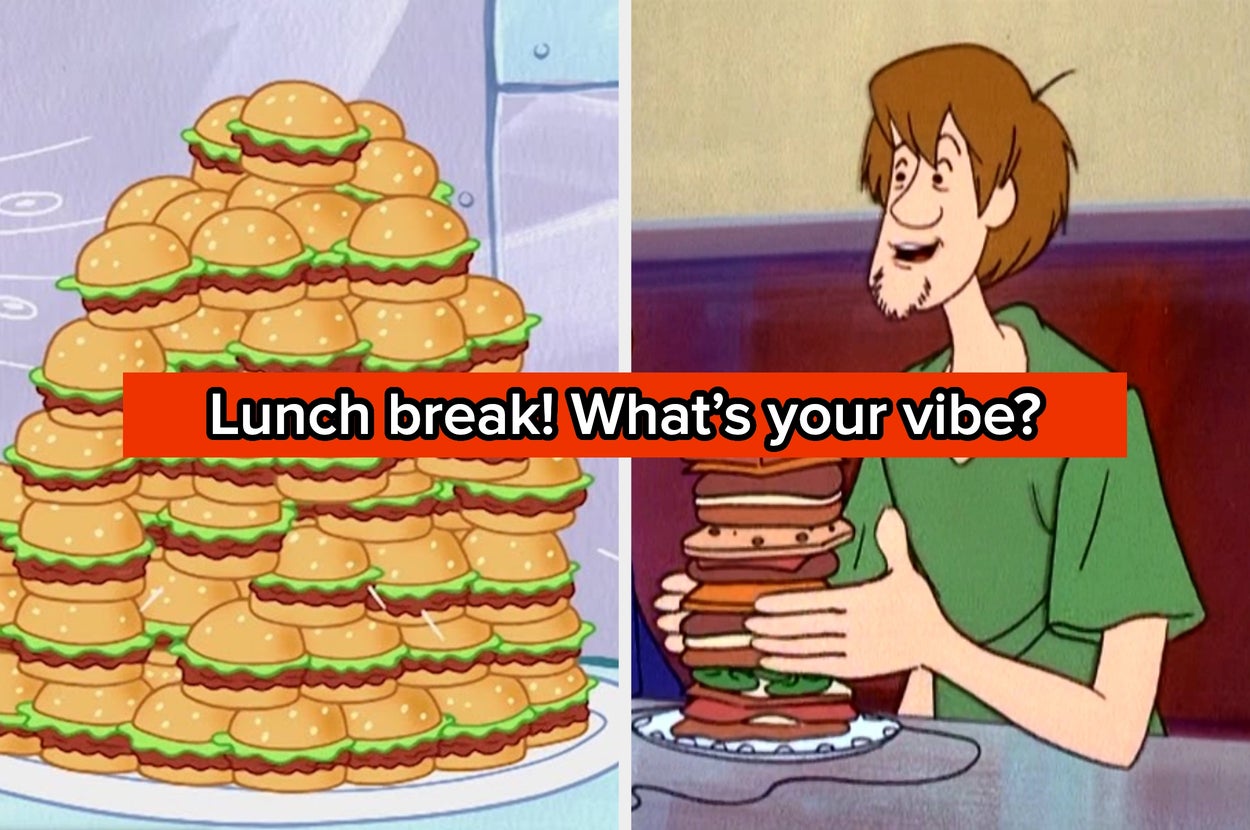 Cartoon character Shaggy enthusiastically holds a towering sandwich stack. Text reads, "Lunch break! What's your vibe?"
